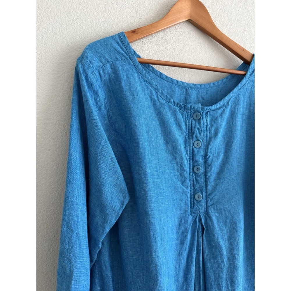 Flax Linen Tunic Blouse Womens Large Blue Lagenlook Travel Beachy Vacation Boho - Picture 5 of 10